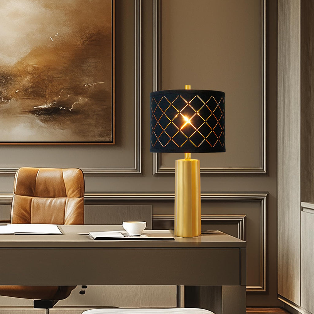 24" Modern Table Lamp for Living Room Bedroom Black Grid Shade