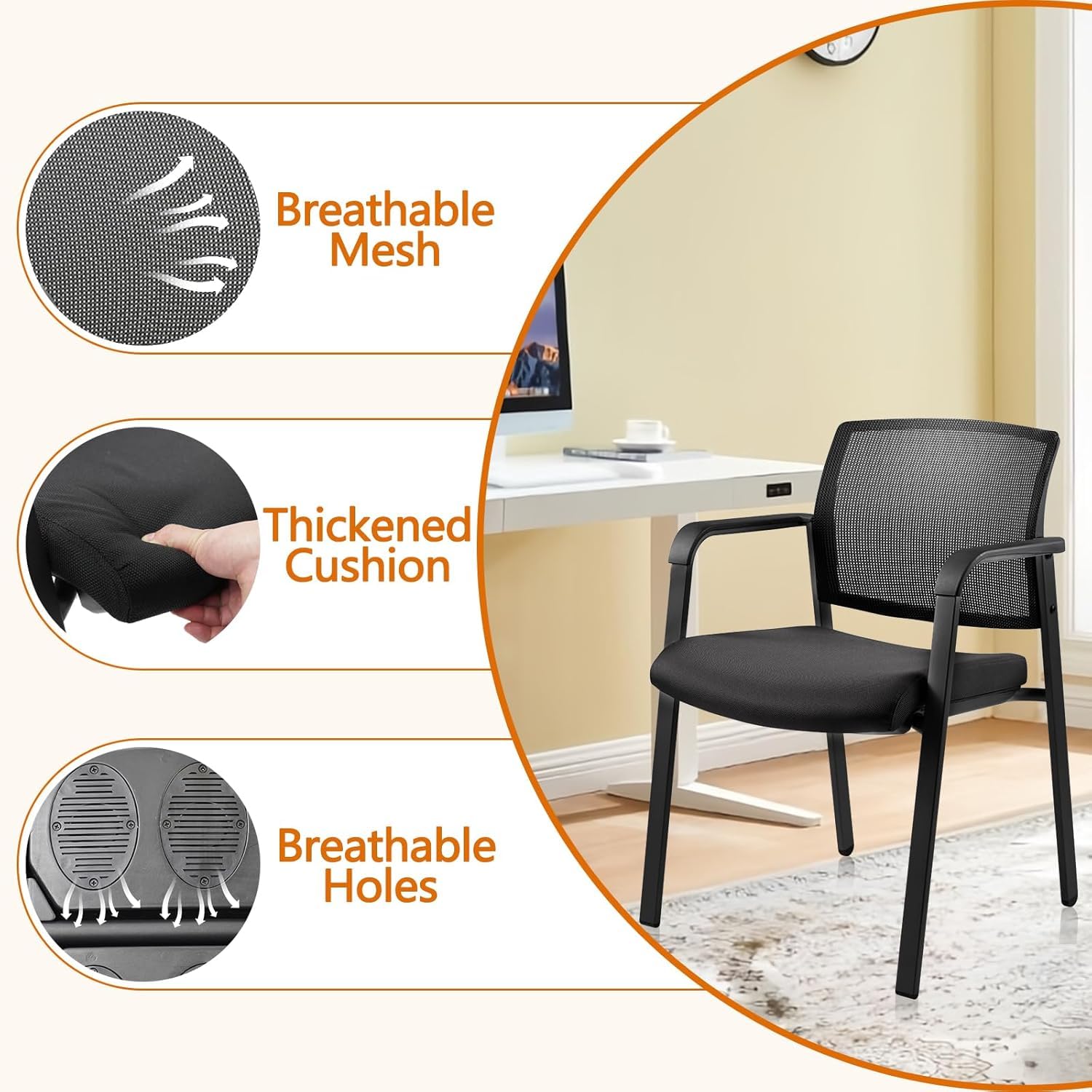 Set of 8, Mesh Back Stacking Arm Chairs with Upholstered Fabric Seat and Ergonomic Lumbar Support for Office School Church Guest Reception Black  New Version