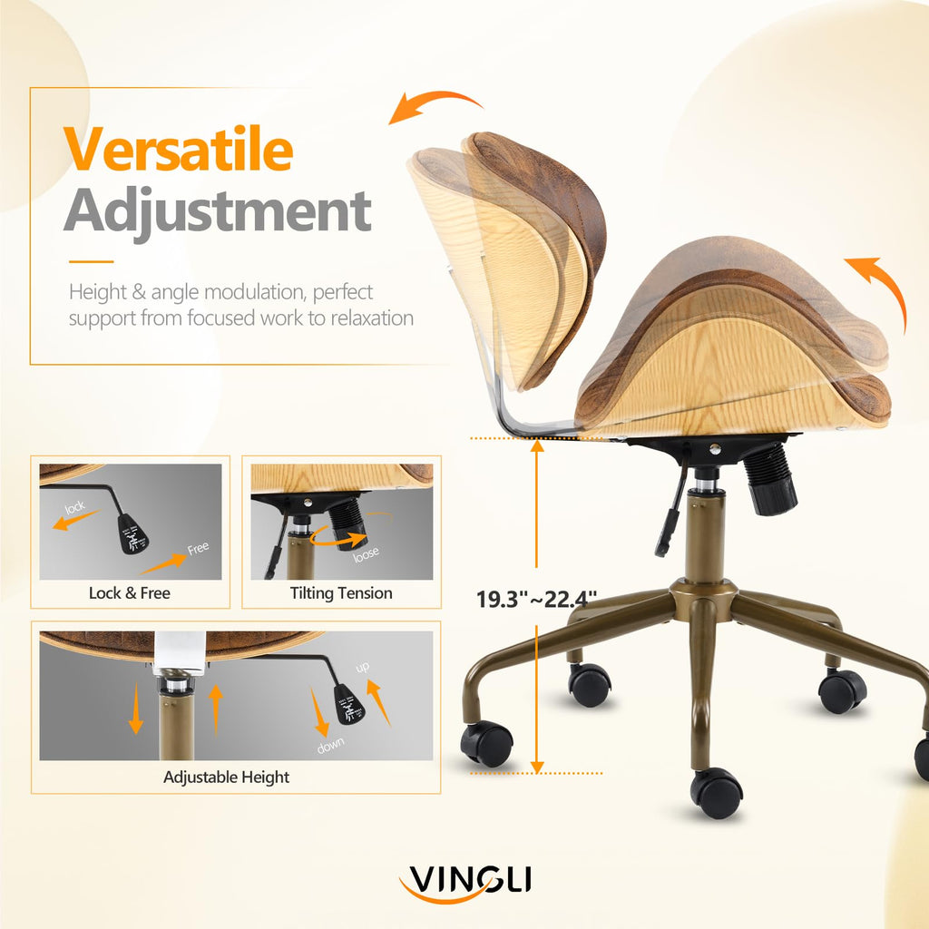 Wide Comfotable Swivel Home Office Chair with Wood-Grain Curved Shell,Ergomomic Mid-Back Padded Armless Modern Desk Chair with Wheels,Height Adjustable for Computer,Task,Work,Microfiber,Rustic