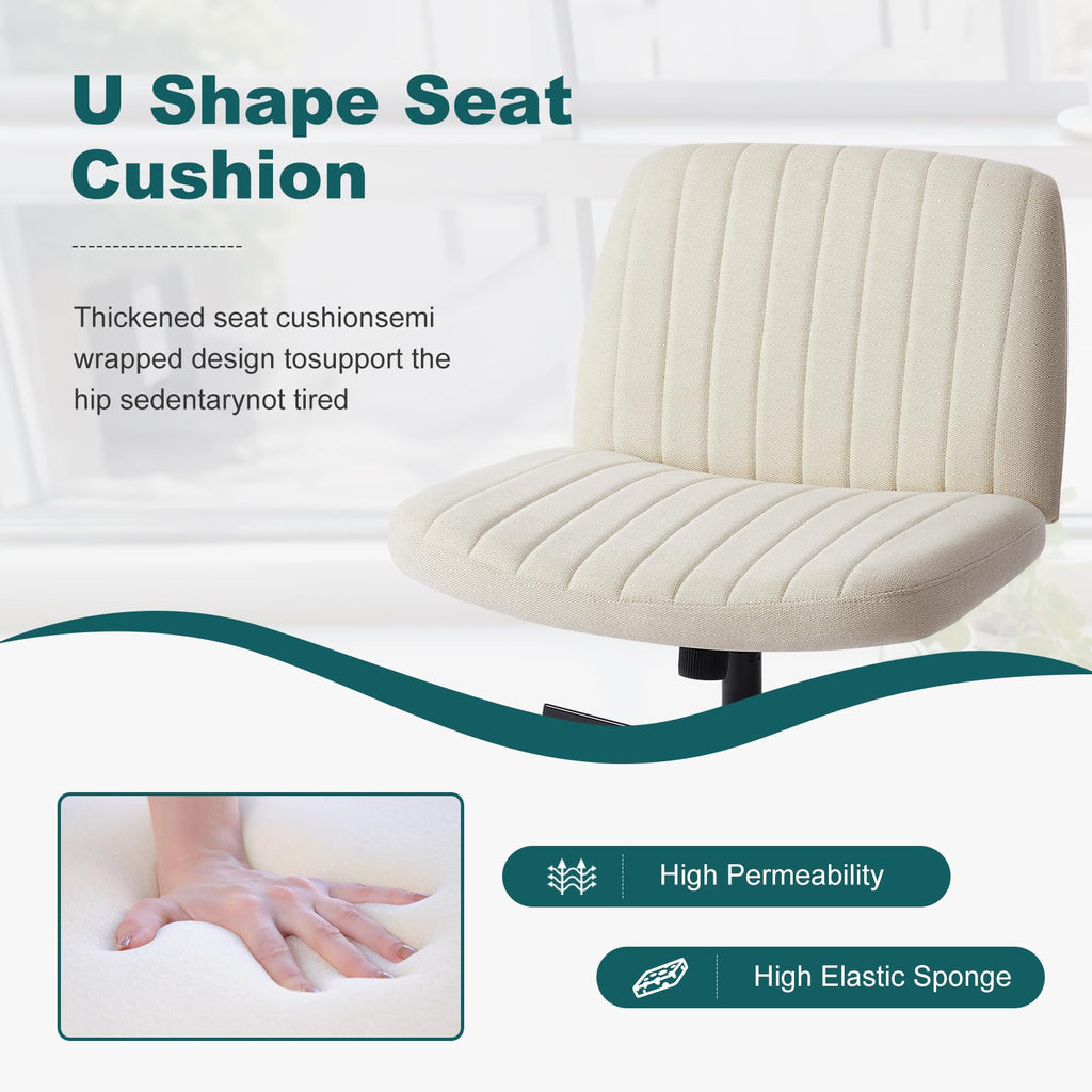 Criss Cross Legged Chairs Armless No Wheels Wide Seat Height Adjustable Swivel Padded Fabric Home Office Desk Chair for Bedroom, Student, Study Room,Beige