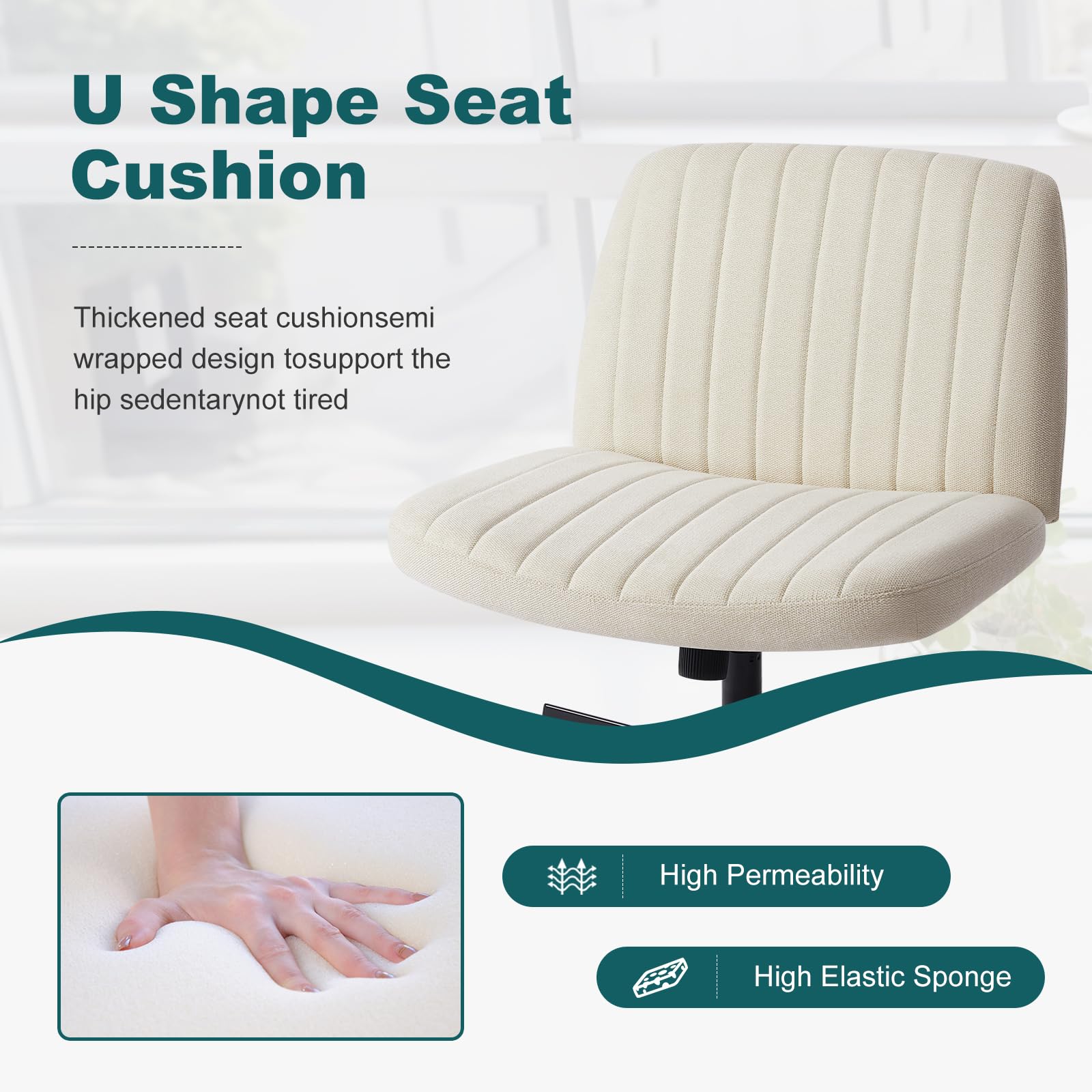 Criss Cross Legged Chairs Armless No Wheels Wide Seat Height Adjustable Swivel Padded Fabric Home Office Desk Chair for Bedroom, Student, Study Room,Beige