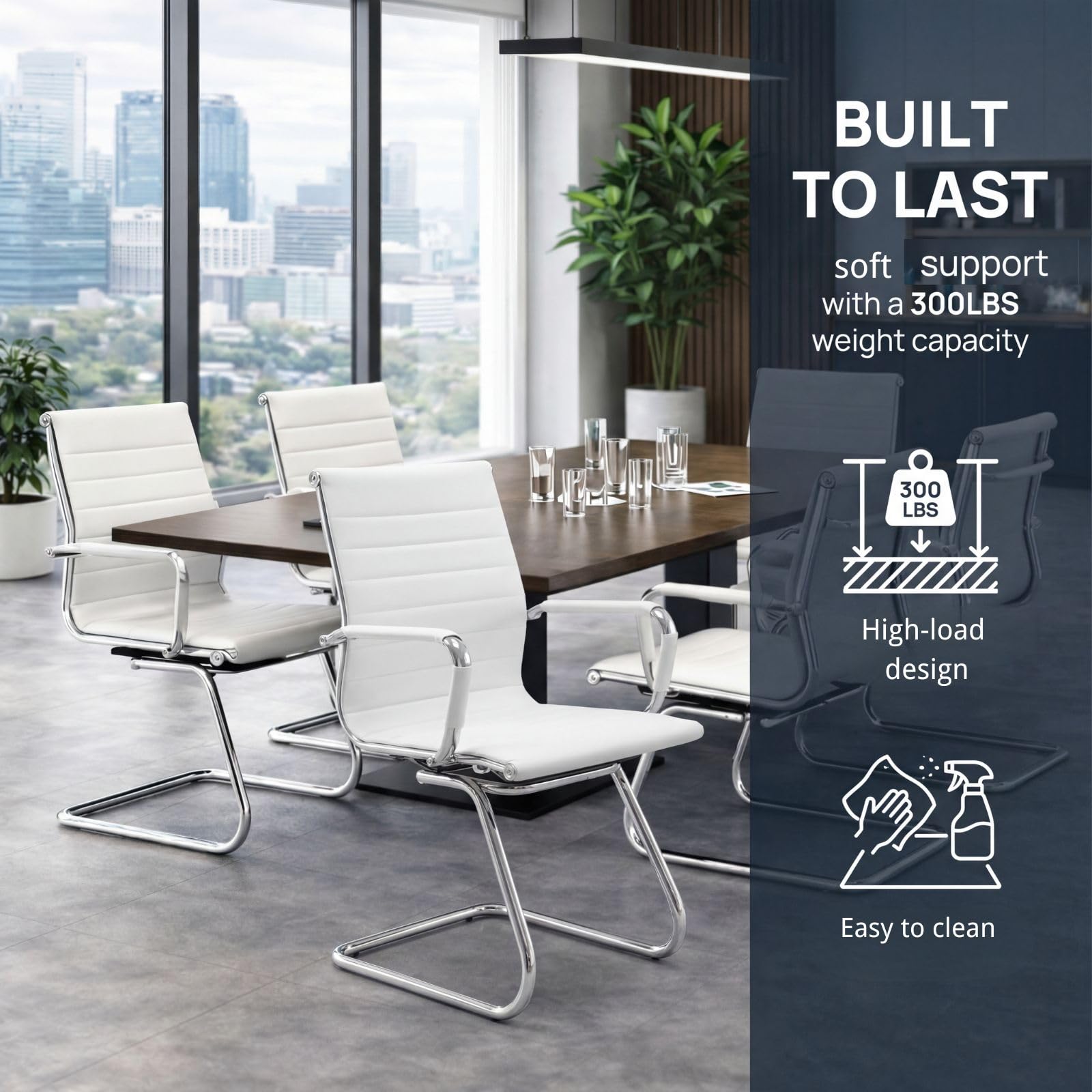 Conference Room Chairs Set of 4, Waiting Room Chairs with Arms, Faux Leather Reception Chairs No Wheels, Office Guest Chairs with Mid Back Support and Chrome Sled Base, WhiteWhite