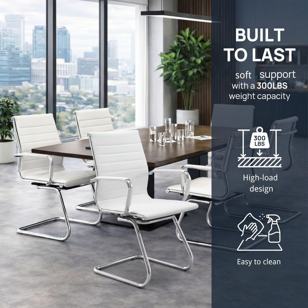 Conference Room Chairs Set of 8, Waiting Room Chairs with Arms, Faux Leather Reception Chairs No Wheels, Office Guest Chairs with Mid Back Support and Chrome Sled Base, White