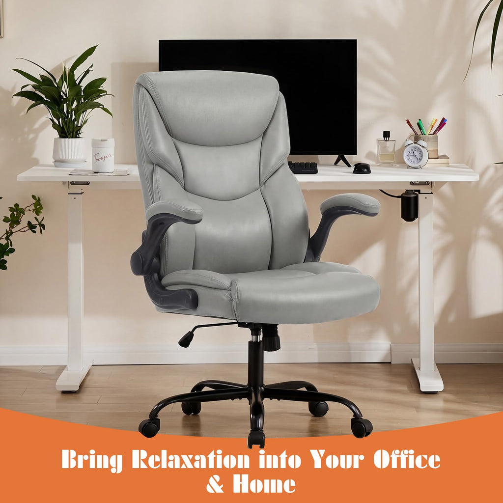 Ergonomic Office Chair, Heavy Duty 275lbs High Back Desk Chair, Flip-up Armrest PU Leather Swivel Rolling Chair with Wheels,Grey