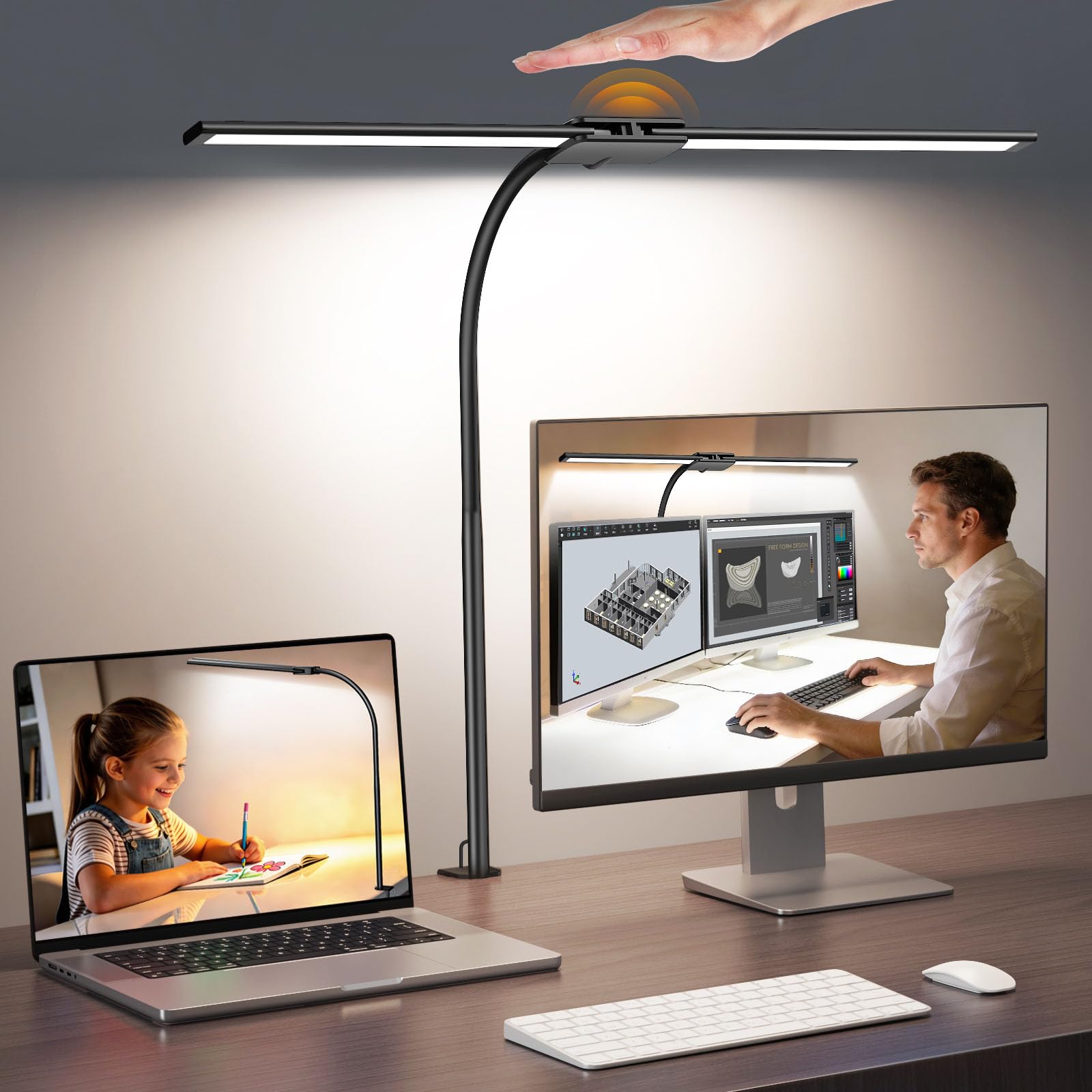 LED Desk Lamp for Office, Architect Desk Lamp with Clamp, Gesture/Wired Control, Ultra Bright Gooseneck Desk Light, Memory & Timer, 50 Lighting Modes for Study, Reading, Crafting