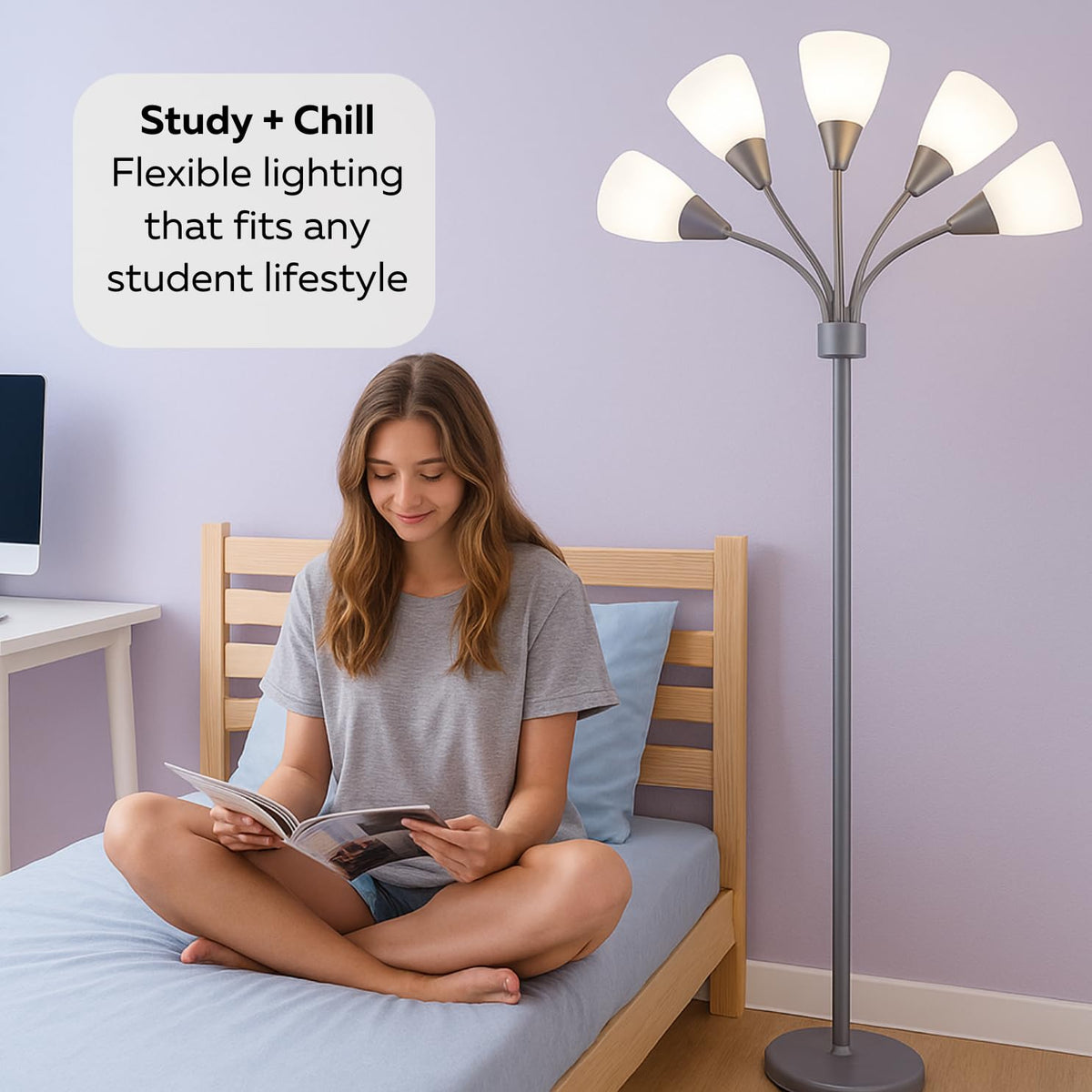 Medusa 5-Light Floor Lamp – Silver Multi-Head Standing Lamp w/ 5 Adjustable White Acrylic Shades for Bedroom, Living Room, Office, Requires E12 Candelabra-Base LED Bulbs