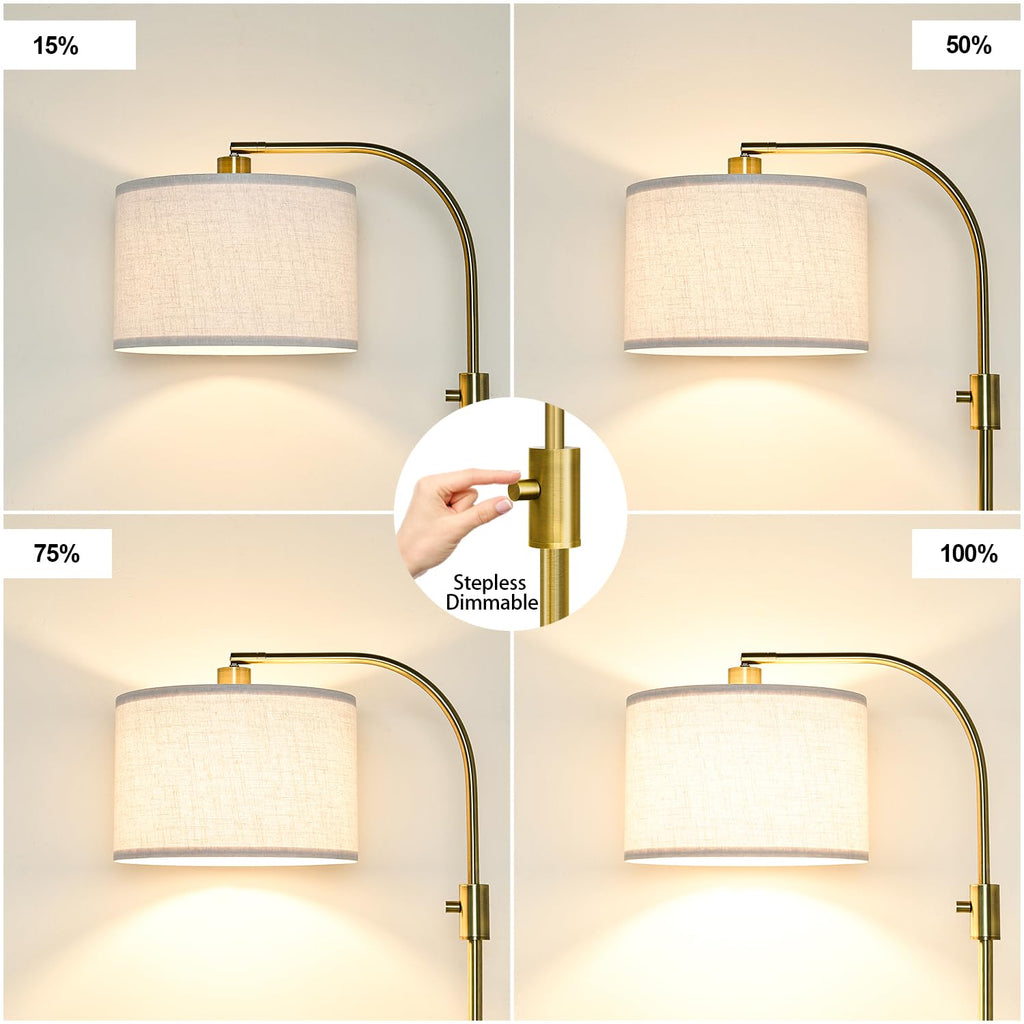 Upgraded Modern Arc Dimmable Tall Standing Floor Lamp with Linen Shade, 1200 Lumens LED Bulb Included, for Living & Reading Room, Bedroom, Office & Nursery, Brass