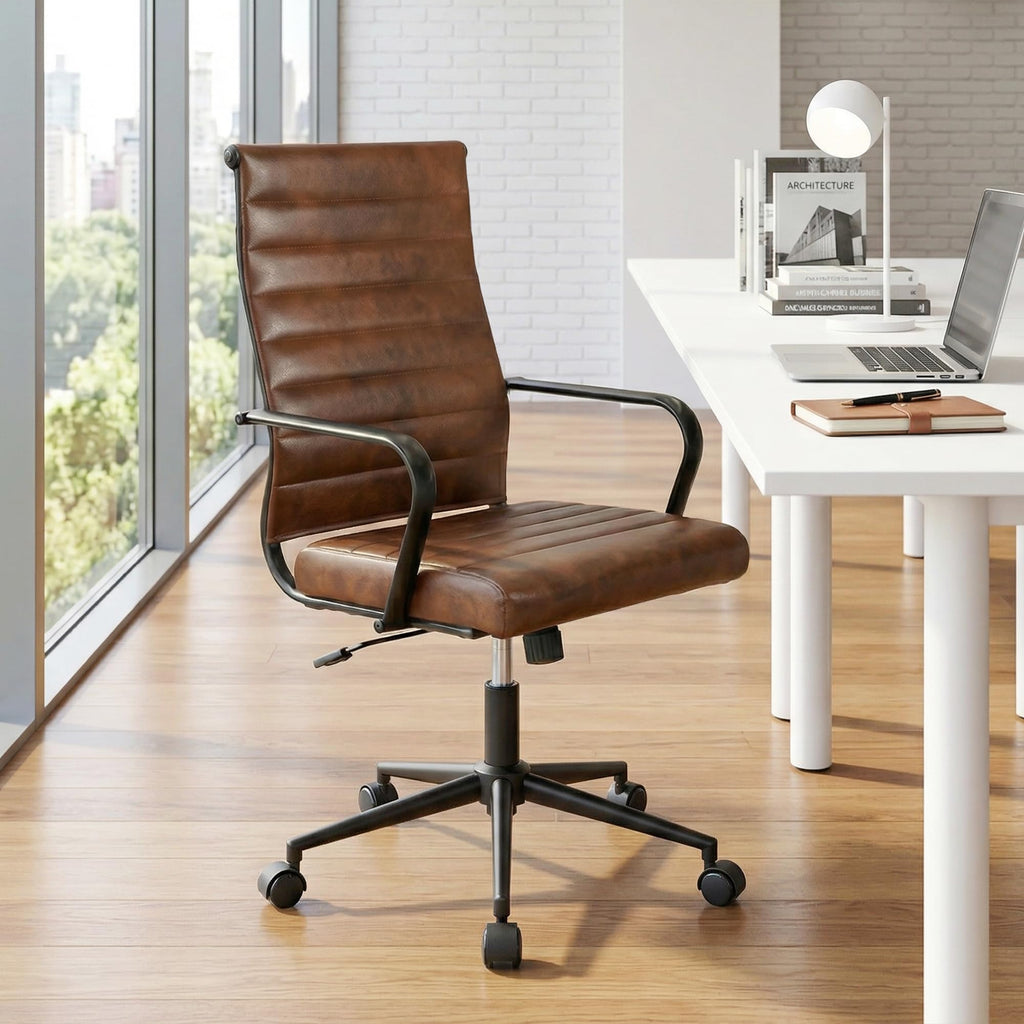 Leather Office Desk Chair, Mid-Century Modern Leather Conference Room Chairs, Ergonomic Executive Ribbed Height Adjustable Swivel Rolling Chair for Home Office.