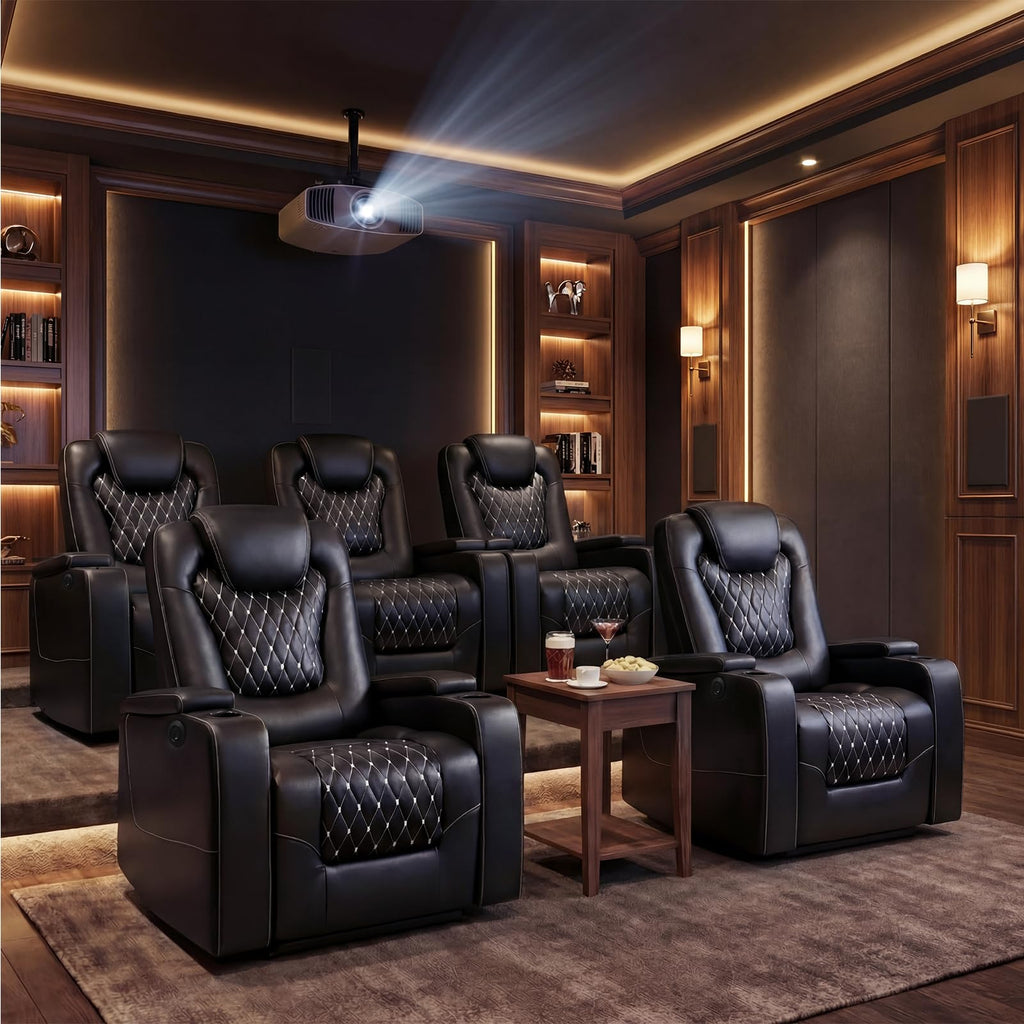 Power Recliner Chair Set of 5, Electric Soft Faux Leather Reclining Home Theater Seating - USB Ports, Cup Holders, Hidden Arm Storage Movie & Media Room Chairs (Black)