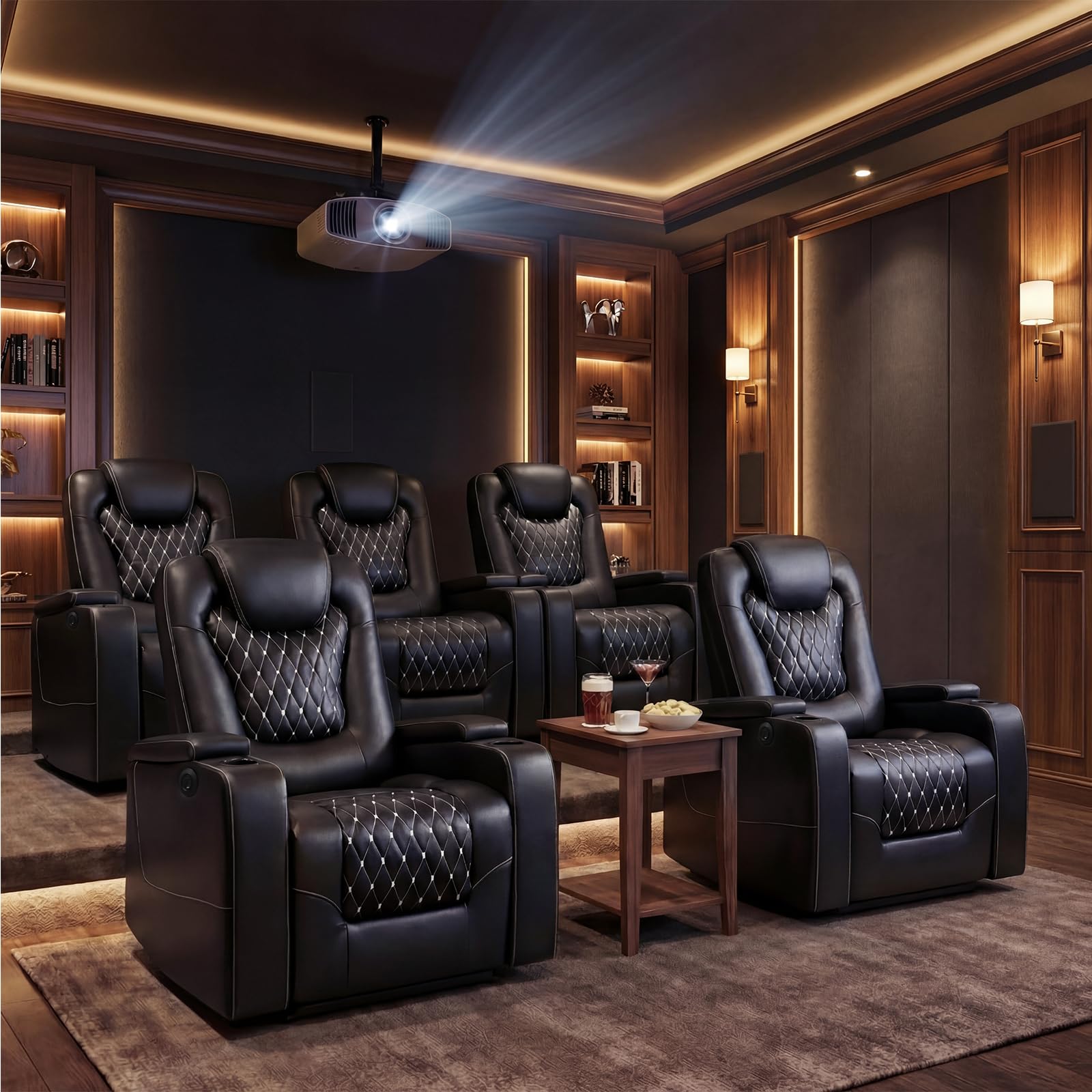 Power Recliner Chair Set of 5, Electric Soft Faux Leather Reclining Home Theater Seating - USB Ports, Cup Holders, Hidden Arm Storage Movie & Media Room Chairs (Black)