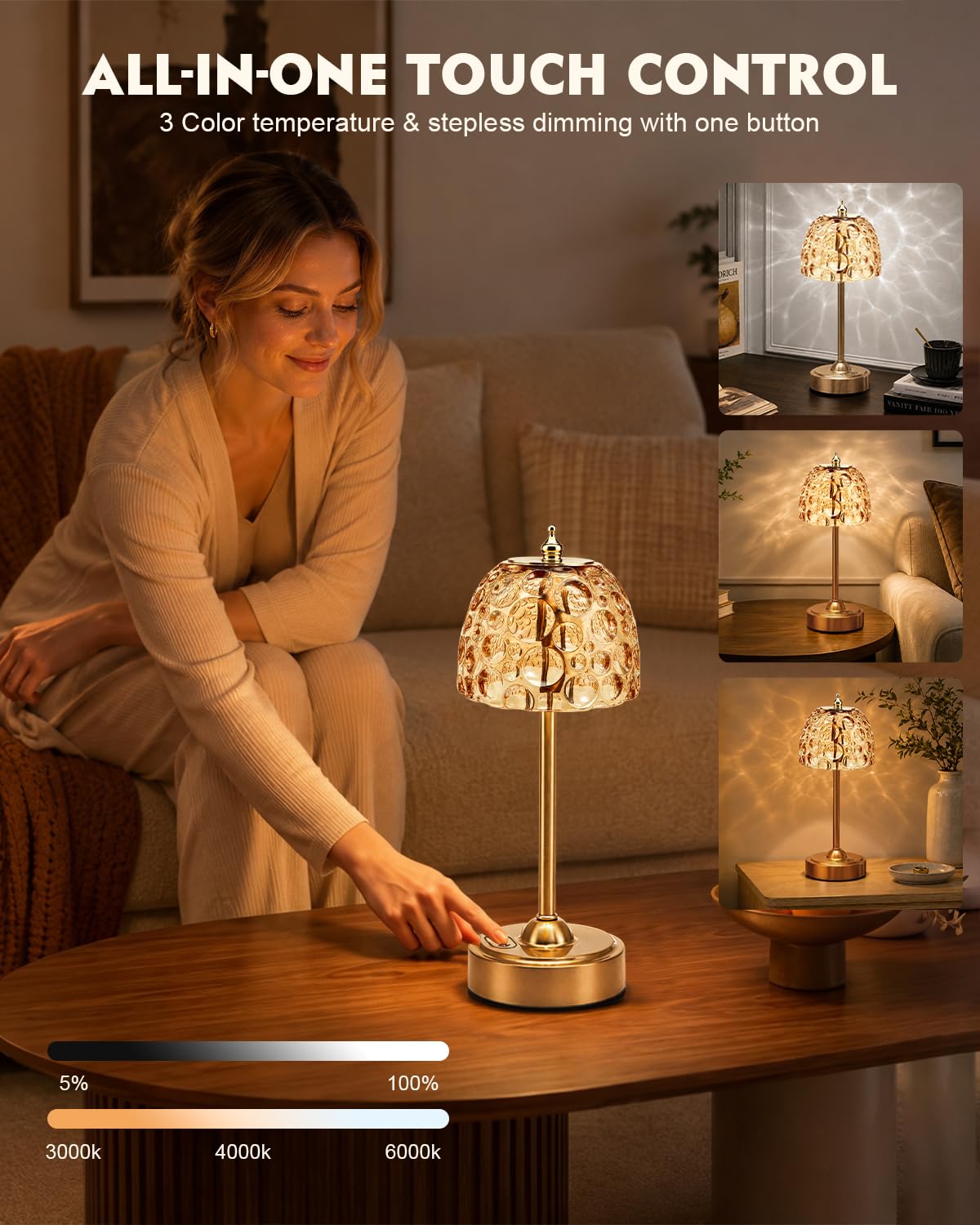 Cordless Glass Table Lamp, 5200mAh Small Rechargeable Touch Lamp