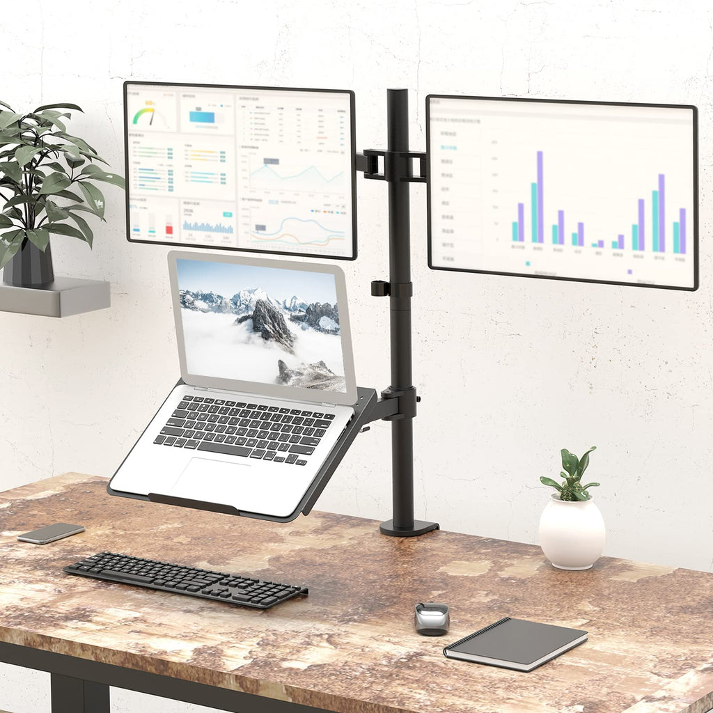 Triple Arm Laptop and Dual Monitor Desk Mount for 17" Notebook and Up to 27" Screens, Extra Tall Adjustable Monitor Stand with Laptop Tray, VESA 75x75 100x100, Black