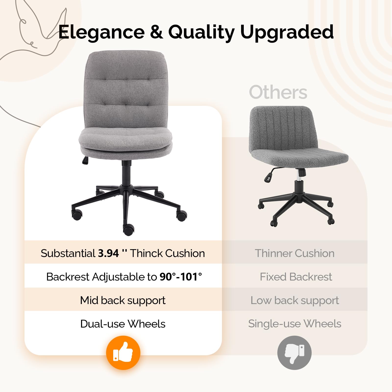 Mid Back Armless Office Desk Chair with Wheels/no Wheels,360°Rocking Swivel Vanity Chair with Thickened Cushion,Adjustable Height Rolling for Reading Room, Make up, Linen Dark Grey