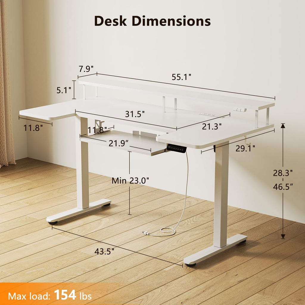 U Shaped Electric Standing Desk with Keyboard Tray, 55 Inch Height Adjustable Desk with Power Outlets & LED Lights, Sit Stand Table with Monitor Stand for Home, Office, White