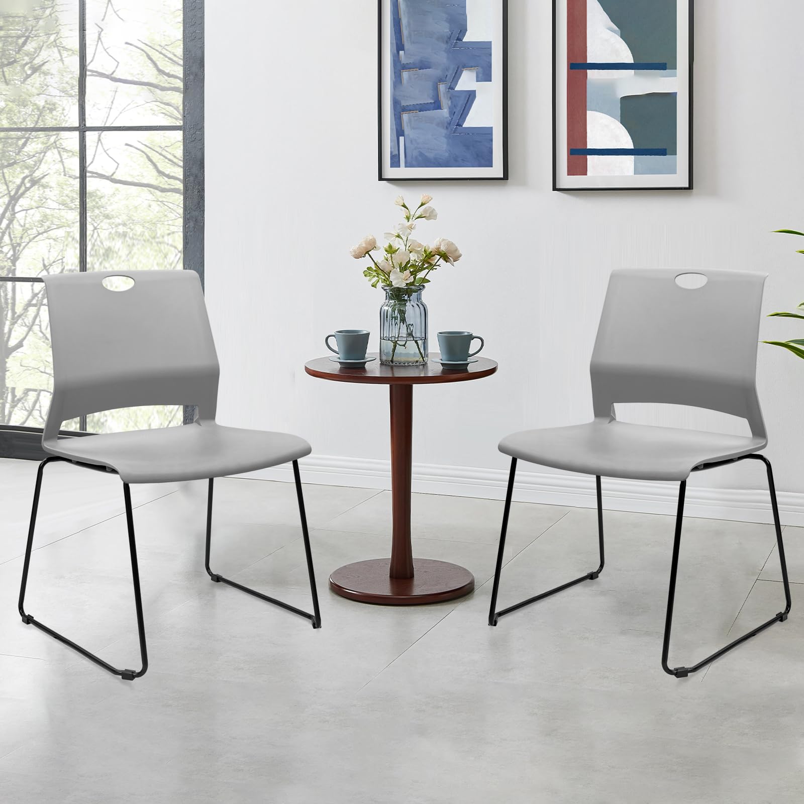 Set of 4, Stackable Guest Reception Chairs, Stacking Office Chair with Ergonomic Lumbar Support & Metal Legs, Plastic Desk Chairs for Conference School Church Waiting Meeting Break Room, Gray