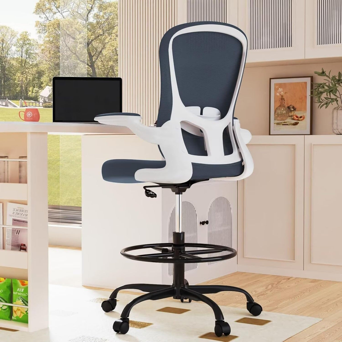 Drafting Chair Executive Ergonomic Computer Standing Desk Chair, Tall Office Chair with Lumbar Support, Flip-Up Armrests, Adjustable Footrest Ring, Comfortable Swivel Chair for Workstations Dark Grey