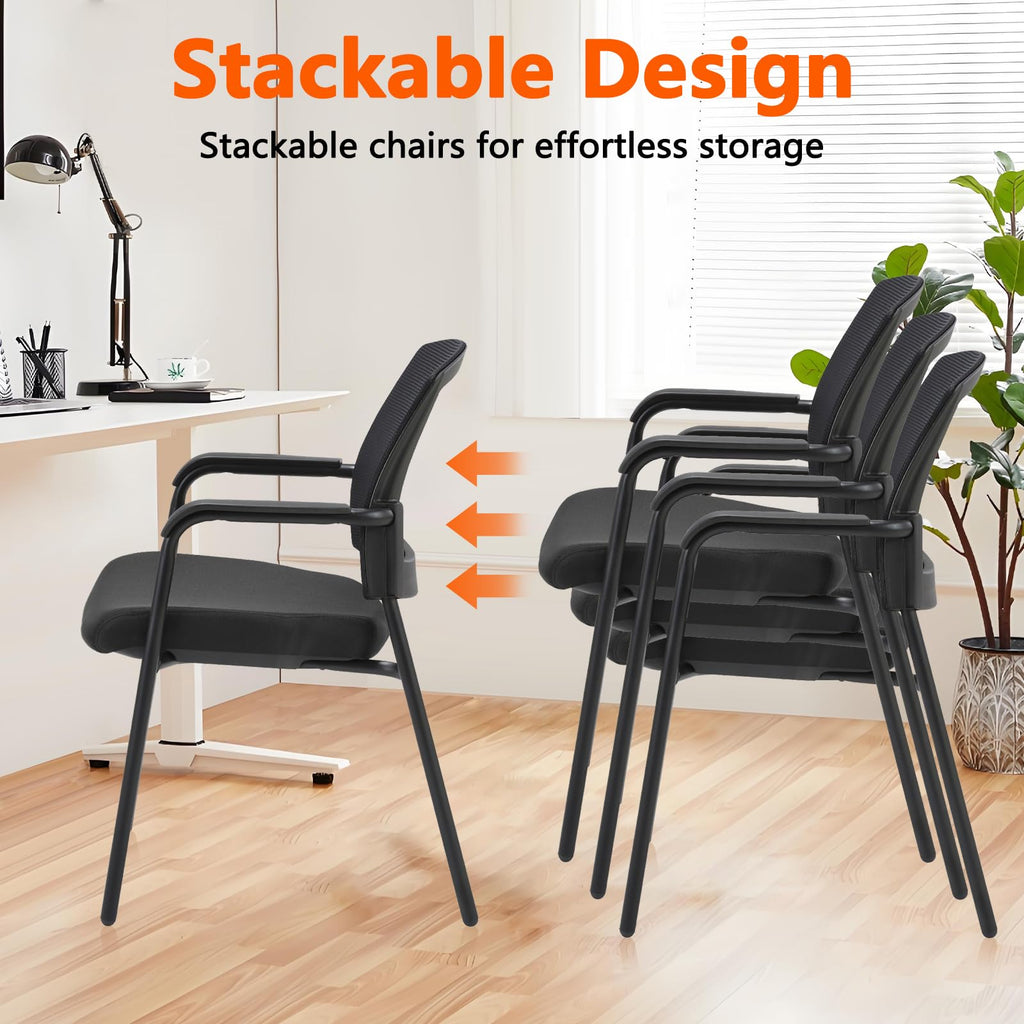 Set of 8, Black Stacking Chairs Stackable Waiting Room Chairs with Armrest, Mesh Office Reception Guest Chair for Home Desk Conference Lobby Church Medical Meeting Training Ergonomic