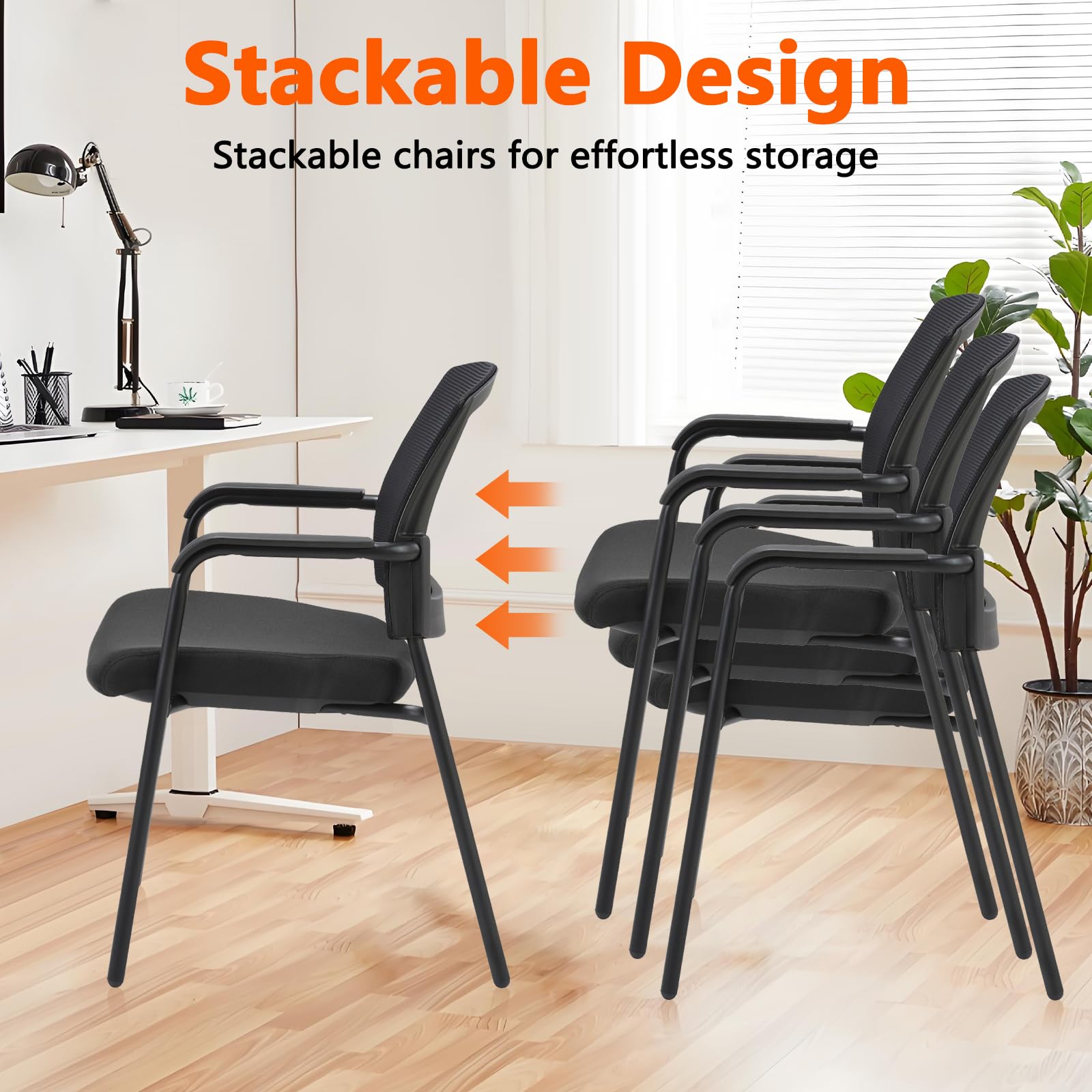 4 Pack, Office Reception Guest Chair Mesh Back Stacking with Ergonomic Lumbar Support and Thickened Seat Cushion for Waiting Conference Room Black