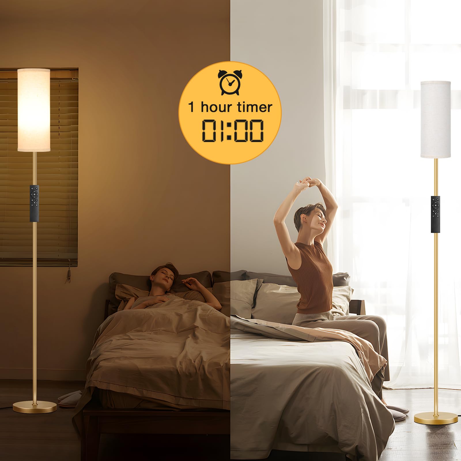 64'' Floor Lamps for Living Room with Remote Control and Stepless Dimmable Colors Temperature & Brightness, 9W Bulb Included(Beige Lampshade & Gold Pole)