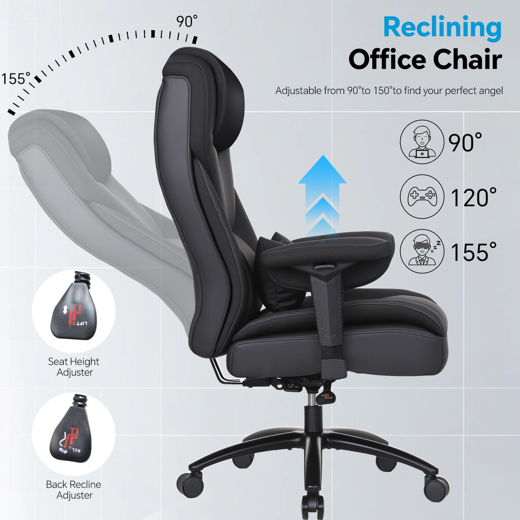 Big and Tall Office Desk Chair with 5-Position Armrests, 650 LBS Heavy Duty Executive Office Chair Comfy, Extra Wide Seat, High Back Computer Chair with Lumbar Support, Reclining Tilt Lock