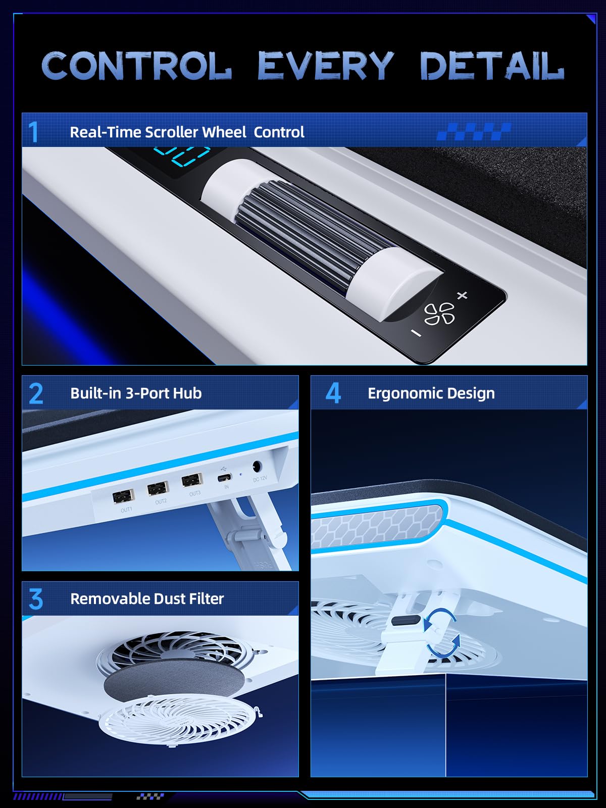 RGB Laptop Cooling Pad, White, Powerful Turbofan, Quiet Cooling, Touch Control, LCD Screen, Seal Foam, 15-19in Laptops