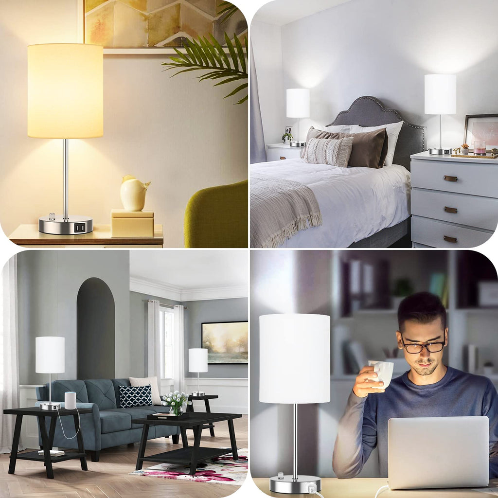Set of 2 Table Lamps with USB Ports, White Bedside Lamps with AC Outlet