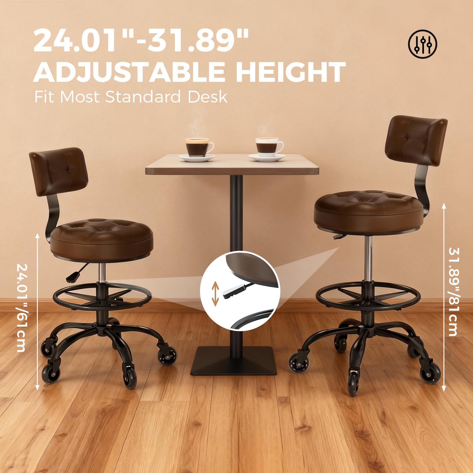 Office Drafting Chair with Footrest, Tall Height Adjustable Stool with Back Support, Heavy Duty Rolling Stool Chair with Wheels for Office Home Kitchen Bar Shop Guitar Studio Vanity, Brown
