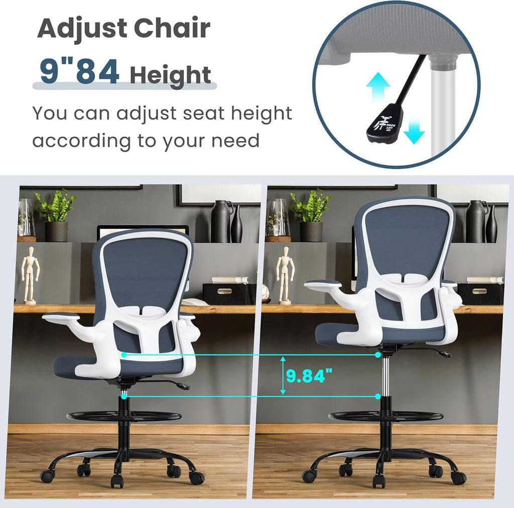 Drafting Chair Executive Ergonomic Computer Standing Desk Chair, Tall Office Chair with Lumbar Support, Flip-Up Armrests, Adjustable Footrest Ring, Comfortable Swivel Chair for Workstations Dark Grey