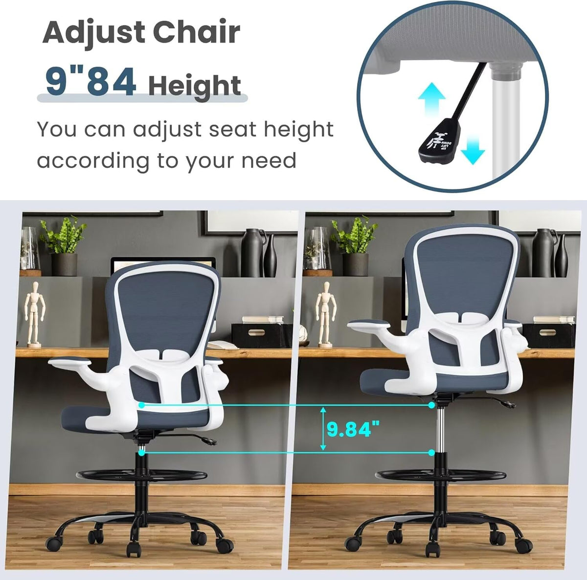 Drafting Chair Executive Ergonomic Computer Standing Desk Chair, Tall Office Chair with Lumbar Support, Flip-Up Armrests, Adjustable Footrest Ring, Comfortable Swivel Chair for Workstations Dark Grey