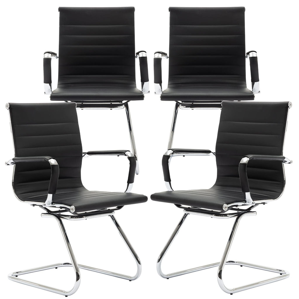 Conference Room Chairs Set of 4, Waiting Room Chairs with Arms, Faux Leather Reception Chairs No Wheels, Office Guest Chairs with Mid Back Support and Chrome Sled Base, Black
