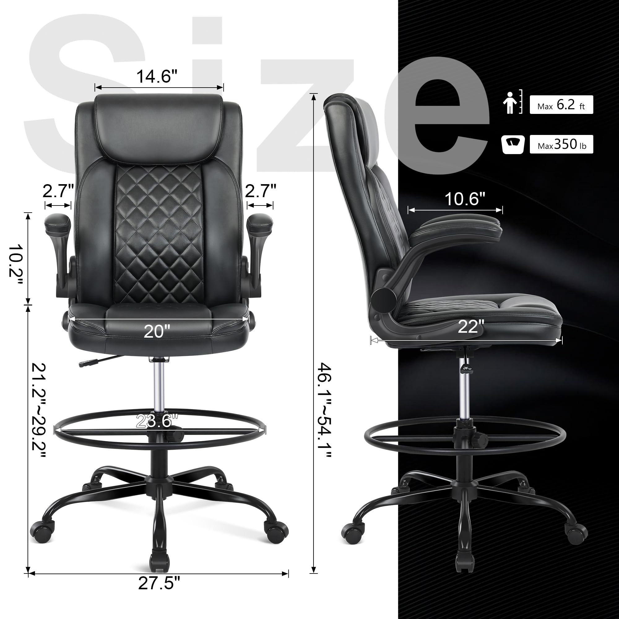 Misolant Drafting Chair with Footrest Ring, Tall Office Chair for Standing Desk, PU Faux Leather Bar Counter Height Chairs with Adjustable Height, 360° Swivel Wheels for Garage Office, Black