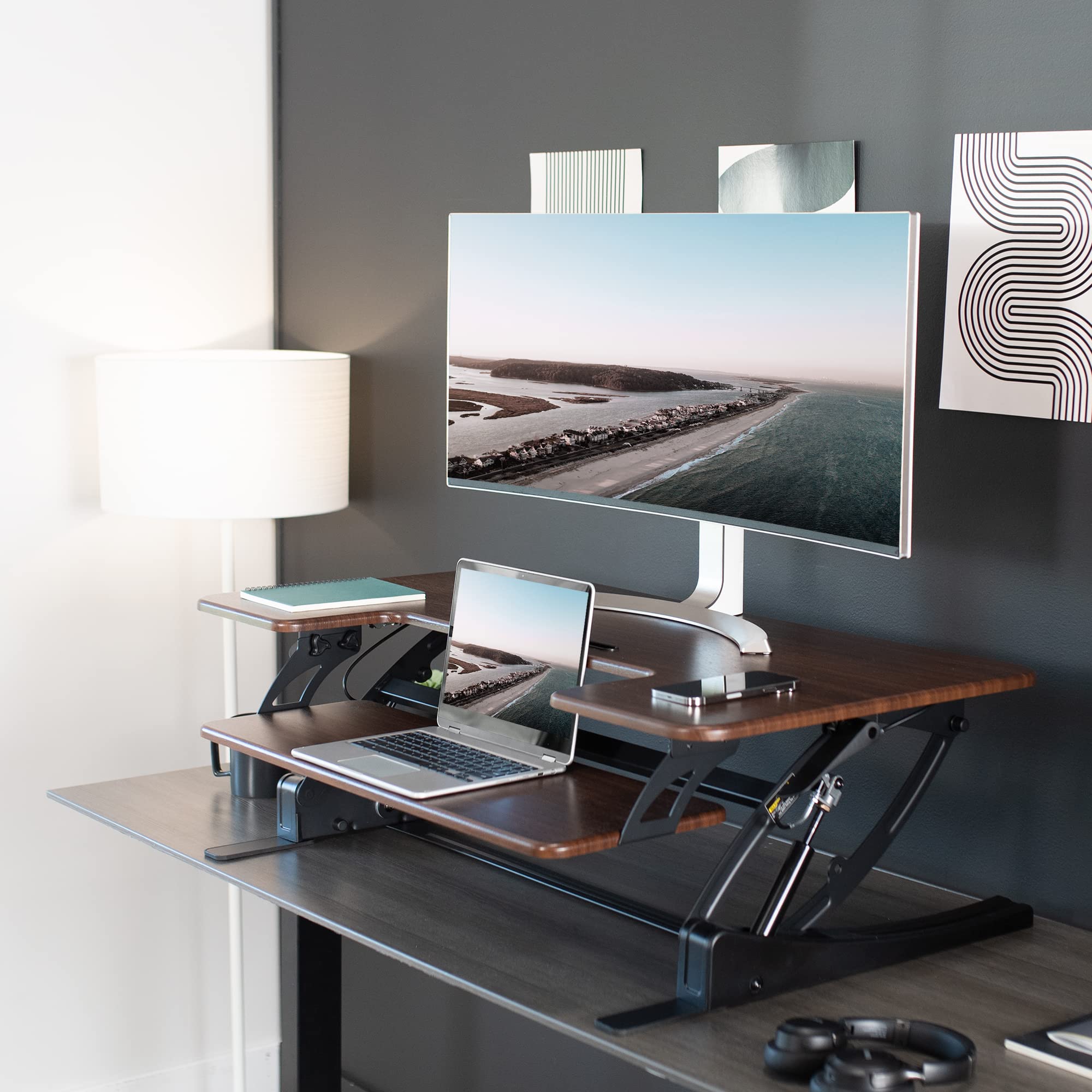 42 inch Height Adjustable Stand Up Desk Converter, V Series, Quick Sit to Stand Tabletop Dual Monitor Riser Workstation, Dark Walnut Top, Black Frame
