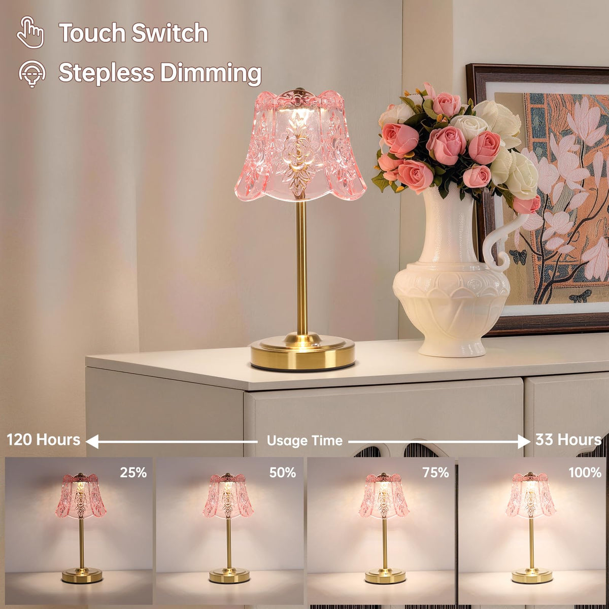Cordless Touch Table Lamp with 5200mAh Battery - 3 Adjustable Color Temperatures & Dimmable, Rechargeable Desk Lamp for Bedroom, Living Room, Office, Entryway, Bookshelves (Clear Pink Rose)