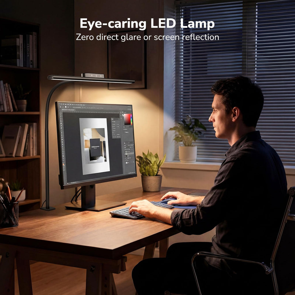 Led Desk Lamp for Office, Metal Architect Lamp with Clamp, 11W 650LM Eye-Caring Task Light, 25 Lighting Modes, Flexible Gooseneck for Monitor, Workbench, Drafting, Crafts, Reading, Black