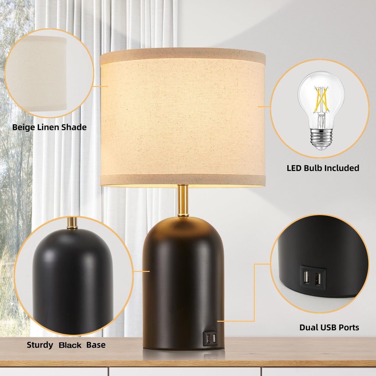 Touch Control Table Lamps Set of 2, Black Bedside Lamps for Bedroom