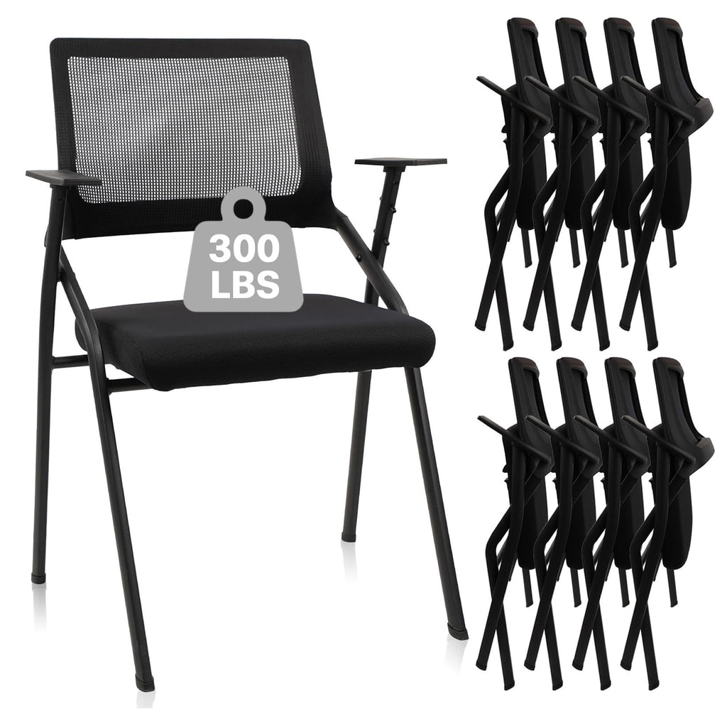 8PACK, Stackable & Foldable Office Chairs with Ergonomic Lumbar Support and Thickened Seat Cushion, Folding Mesh Fabric Reception Guest Chair for School Church Lobby Conference Room, Black