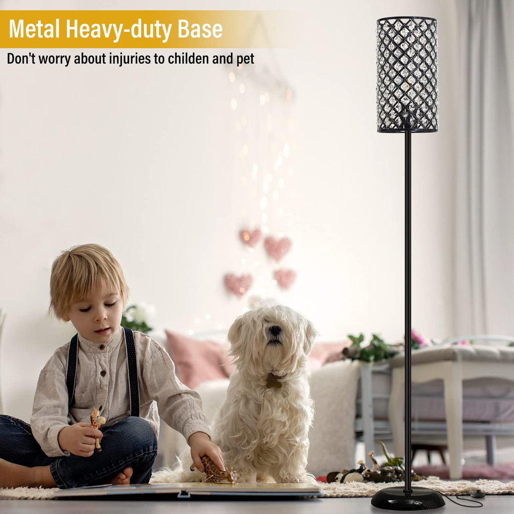Crystal Floor Lamp, Modern Standing Lamp with Elegant Shade Black Floor Lamp with On/Off Foot Switch,Tall Pole Accent Lighting for Living Room, Girl Bedroom, Dresser, Office