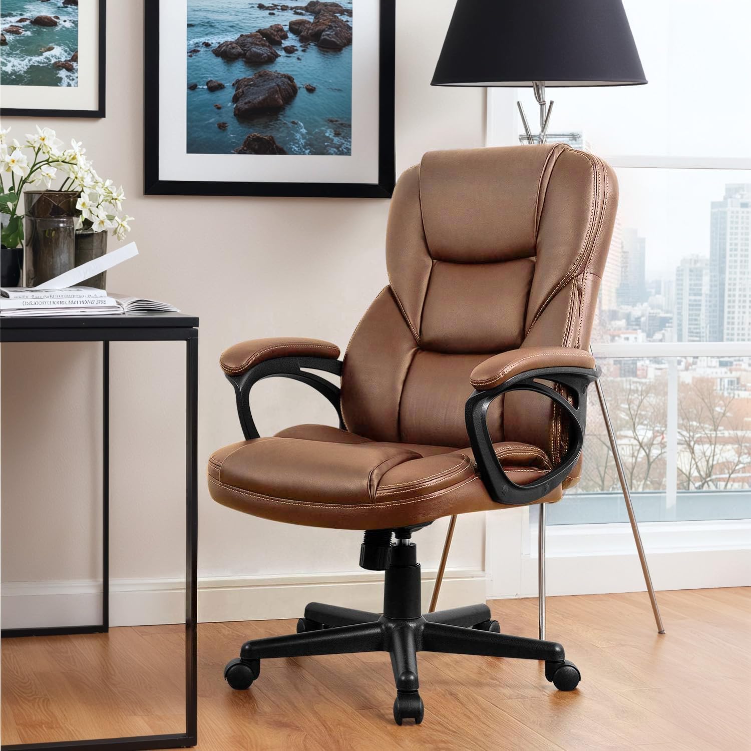 (2, Light Brown) Office Executive Chair High Back Adjustable Managerial Home Desk Chair, Swivel Computer PU Leather Chair with Lumbar Support