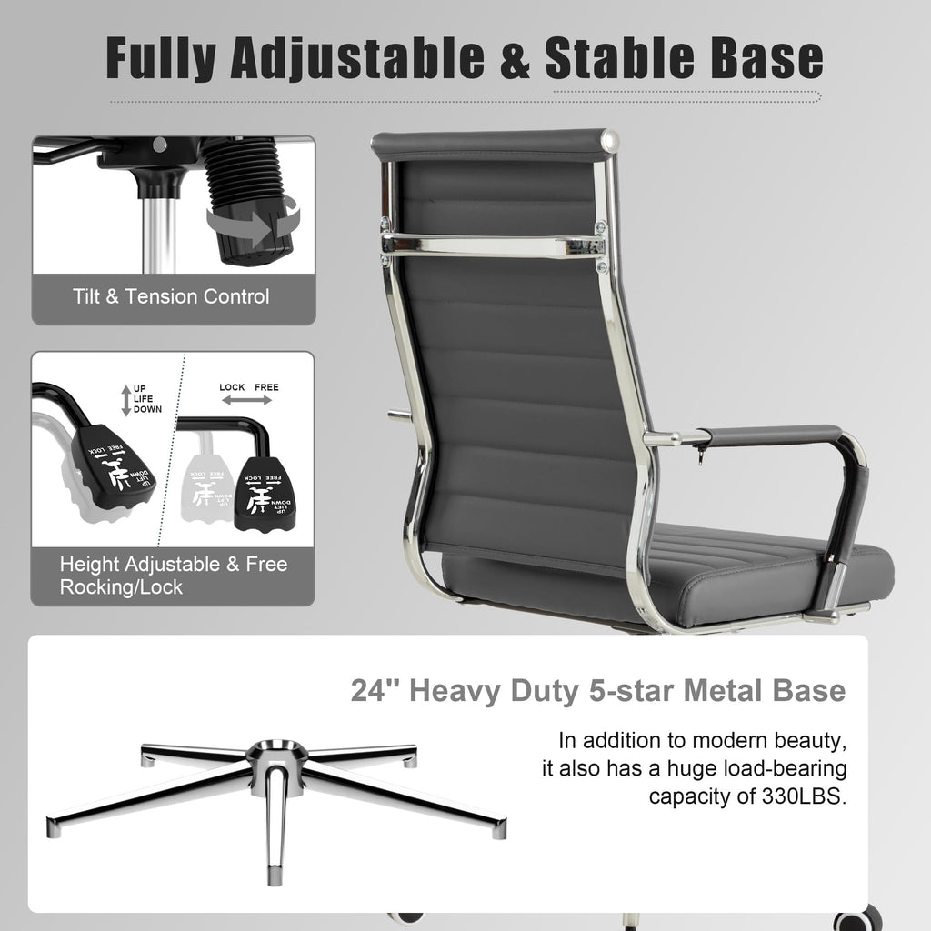 Grey Office Desk Chair, Ergonomic Leather Modern Conference Room Chairs, Executive Ribbed Height Adjustable Swivel Rolling Chair for Home Office.