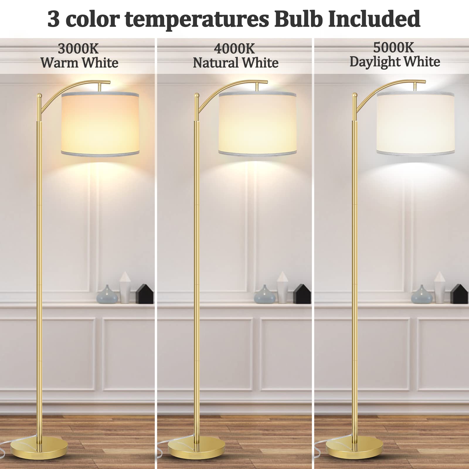 Floor Lamp for Living Room with 3 Color Temperatures LED Bulb, Standing Lamp Tall Industrial Floor Lamp Reading for Bedroom, Office (9W LED Bulb, White Lampshade Included) -Gold