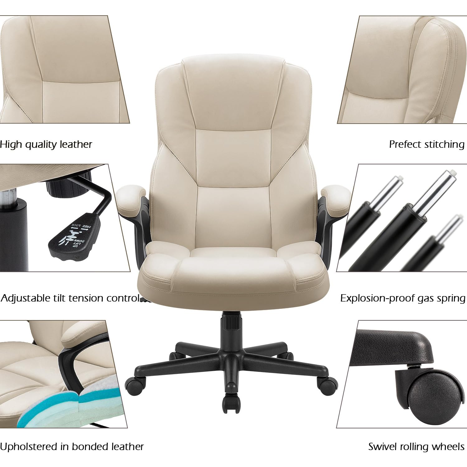 Office Executive Chair High Back Adjustable Managerial Home Desk Chair, Swivel Computer PU Leather Chair with Lumbar Support (1, Beige)