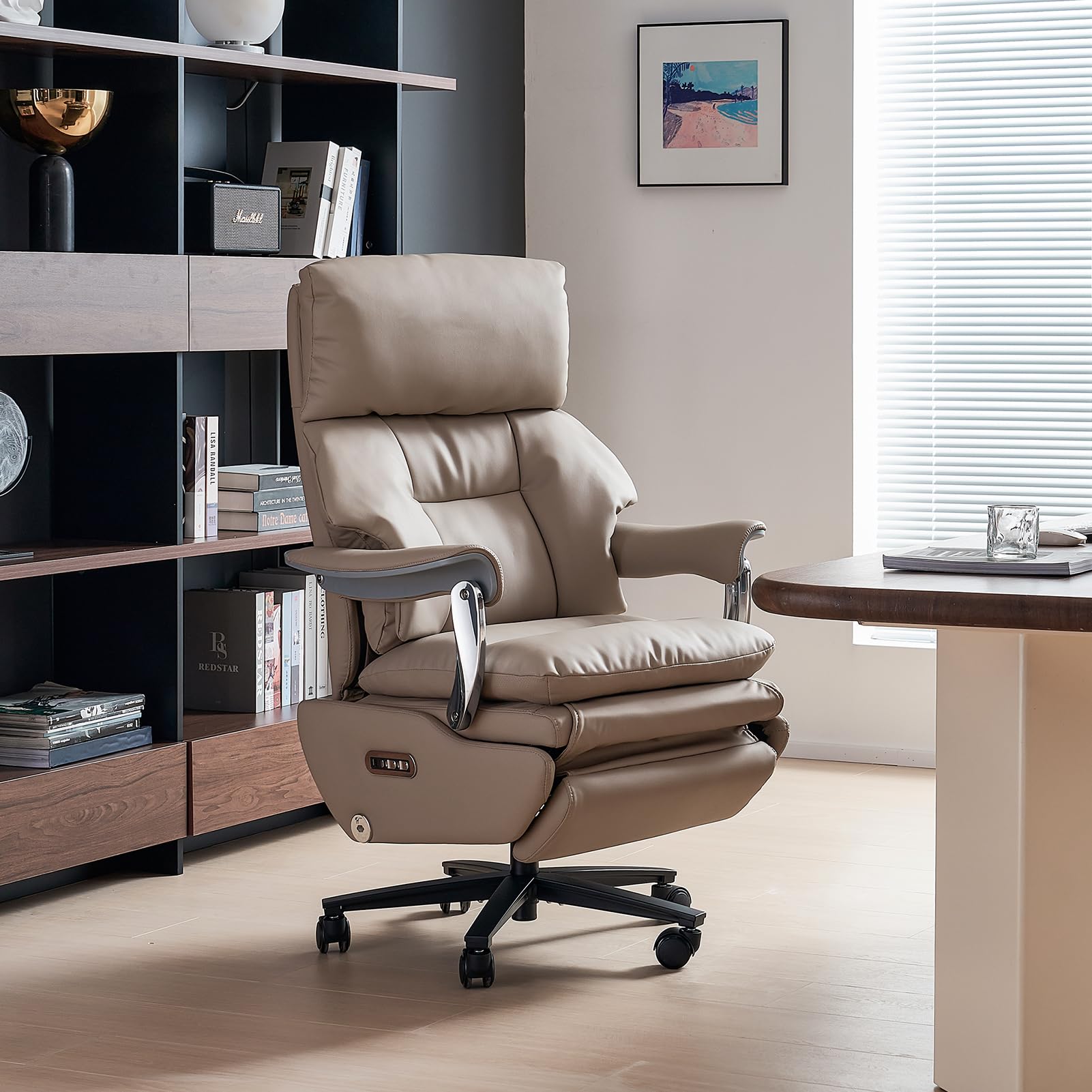 Ergonomic Office Chair with Foot Rest Electric Executive Office Chair Power Reclining with Massage Big and Tall High Back Computer Chair with Wheels, Sustainable Leather（Light Khaki）