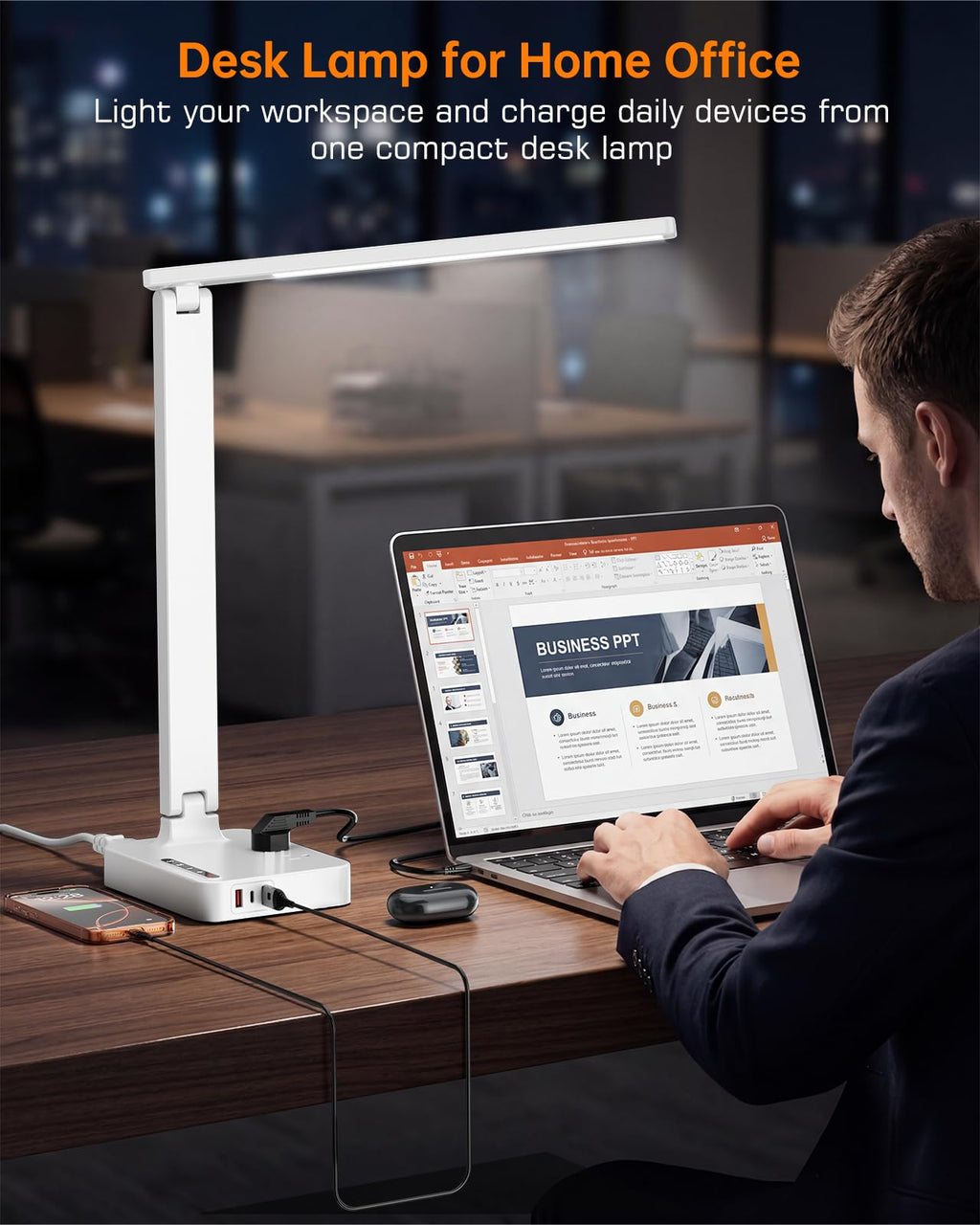 LED Desk Lamp for Dorm Office, USB-C,AC Outlet, Reading Light, White