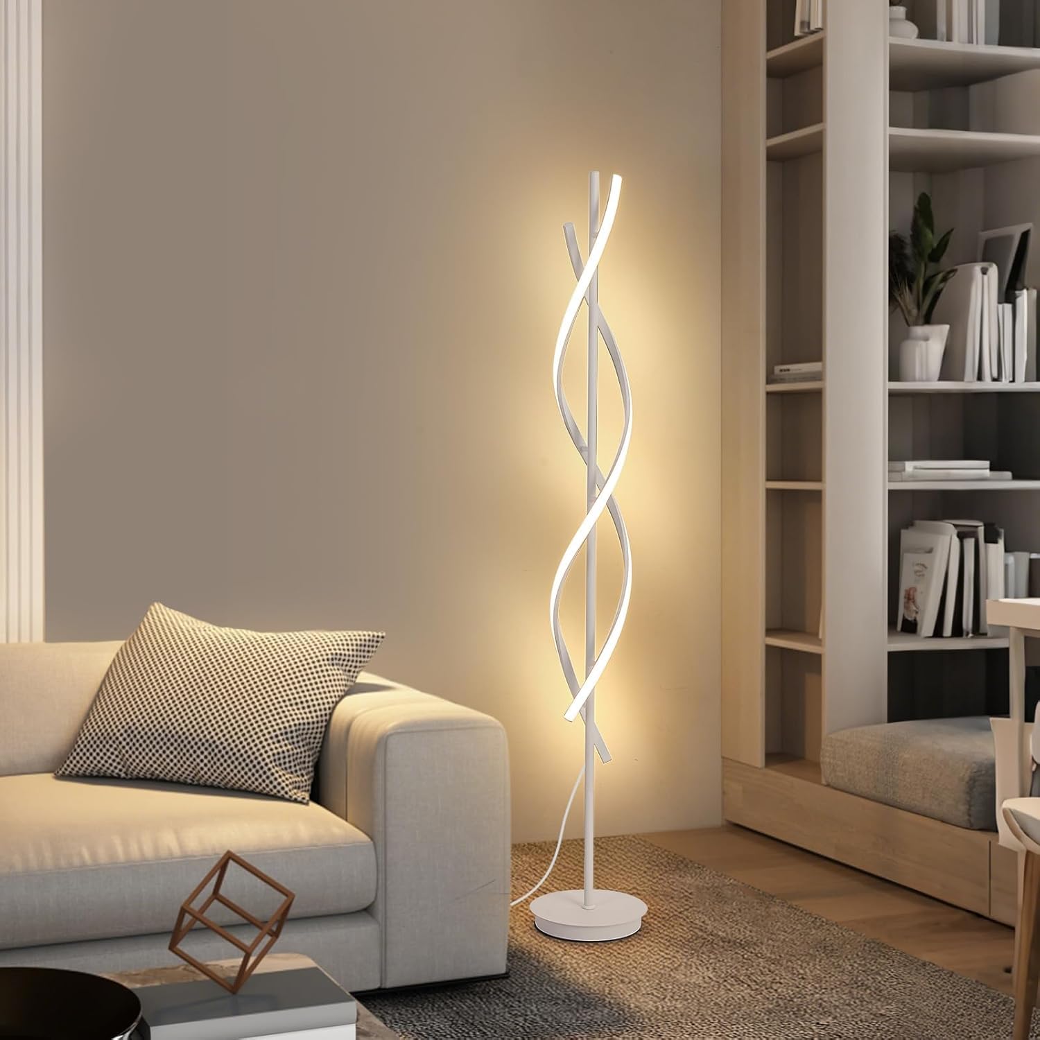 Modern Spiral Floor Lamp, 62" Tall Dimmable LED Corner Light with Remote Control & 3 Color Temperatures, White Standing Lamp for Bedroom Office