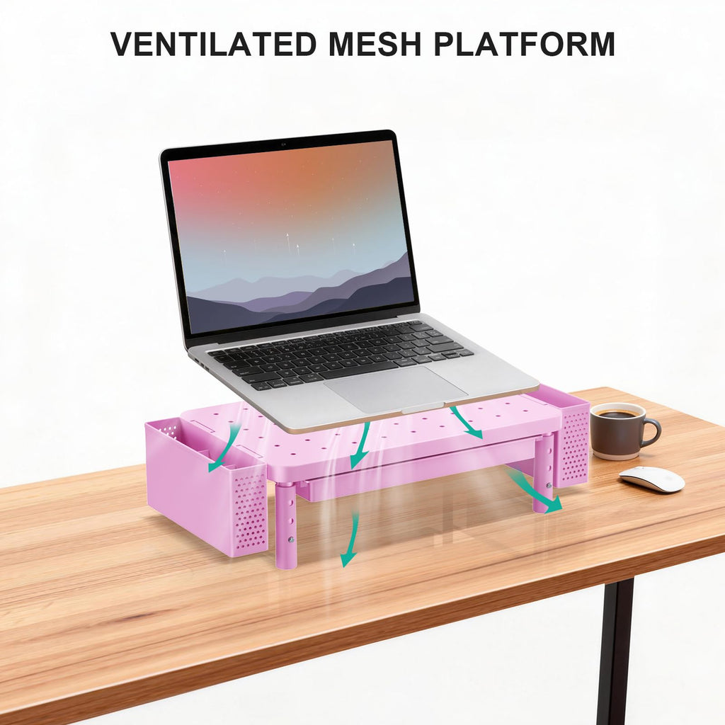 Computer Monitor Stand with Storage, Desk Organizer with Drawer and Pen Holder, Desk Monitor Riser 3 Height Adjustable, Laptop Riser for Computer, Laptop, Printer (PTT003-P), 1 Pack, Pink