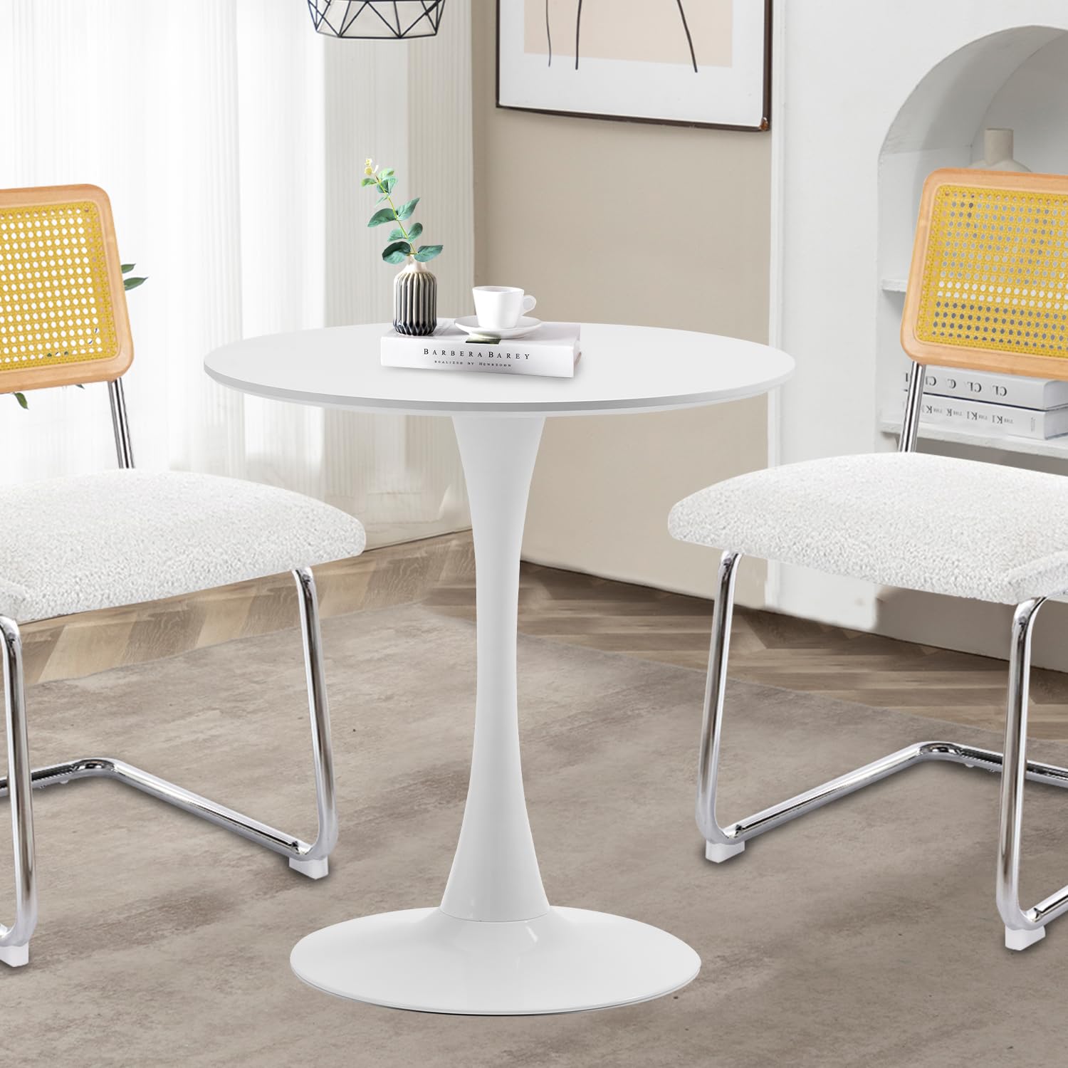 TUOMUR White Round Dining Table, 27.6" Tulip Table Kitchen Round Dining Table for 1-2 People with MDF Table Top and Metal Pedestal Base, Mid-Century Leisure Table for Home, Dining Room, Cafe