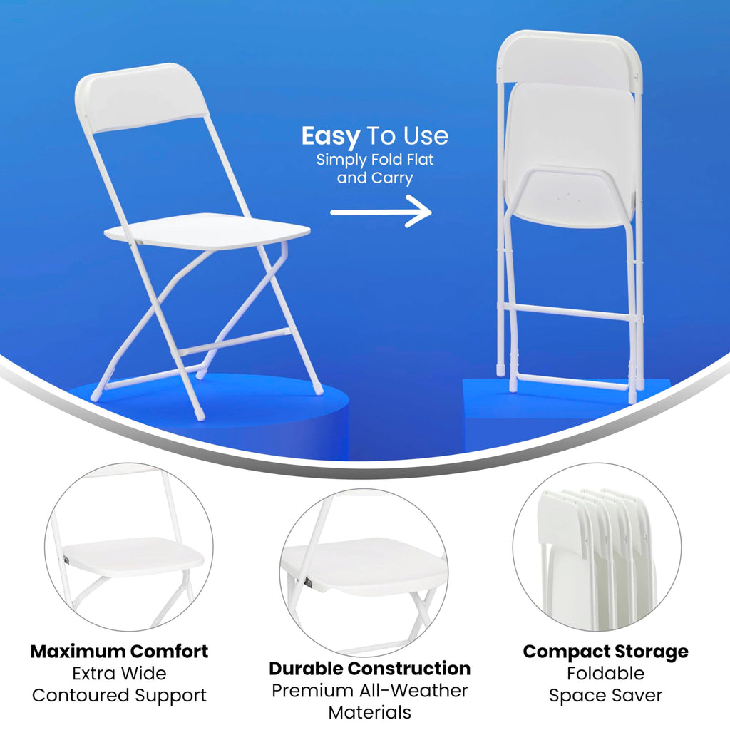 Set of 4, Hercules Series Big & Tall Stackable Plastic Folding Chairs, Extra Wide Commercial Event Seats,  White