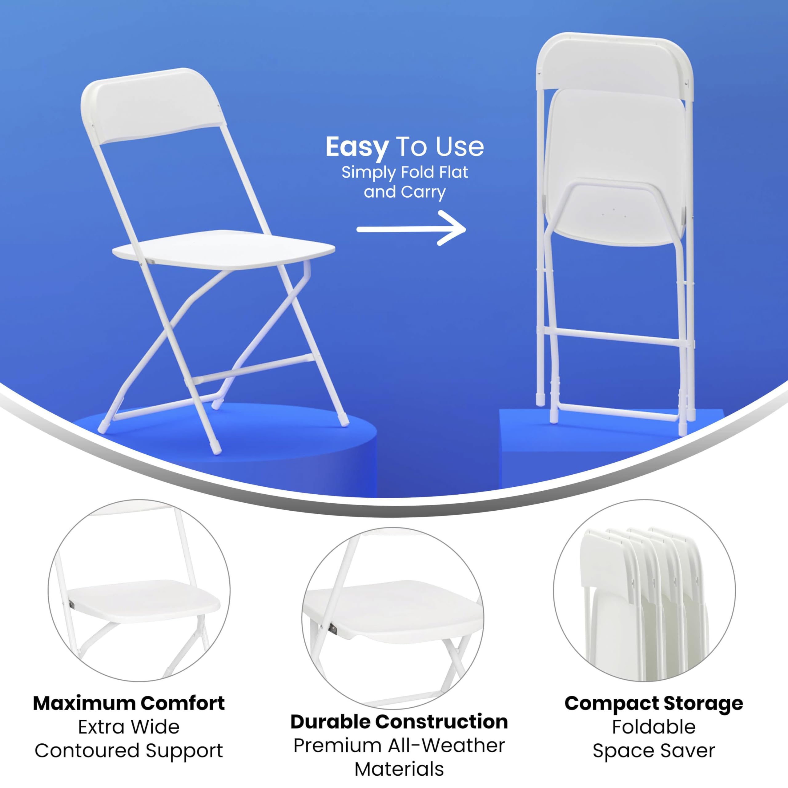 Set of 4, Hercules Series Big & Tall Stackable Plastic Folding Chairs, Extra Wide Commercial Event Seats,  White