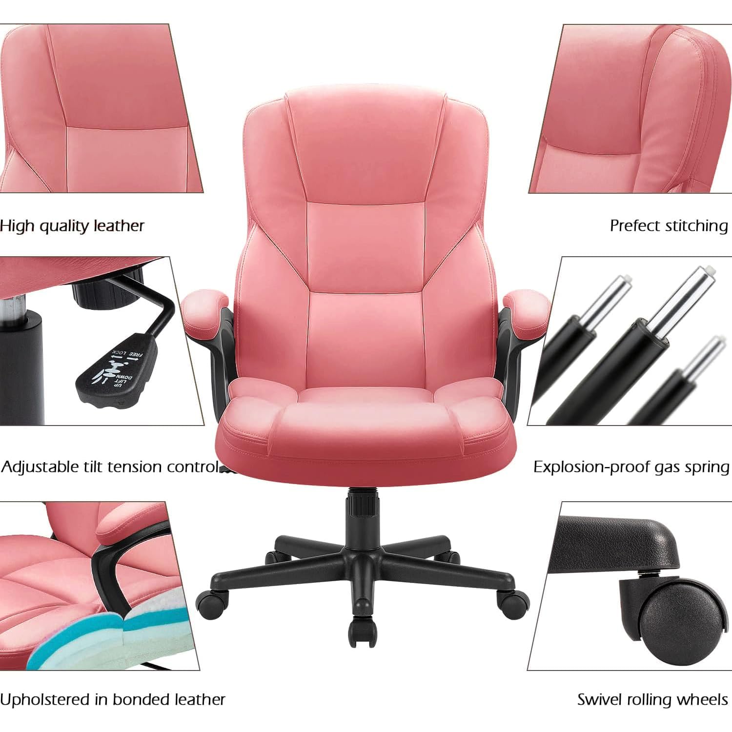 (2, Pink) Office Executive Chair High Back Adjustable Managerial Home Desk Chair, Swivel Computer PU Leather Chair with Lumbar Support