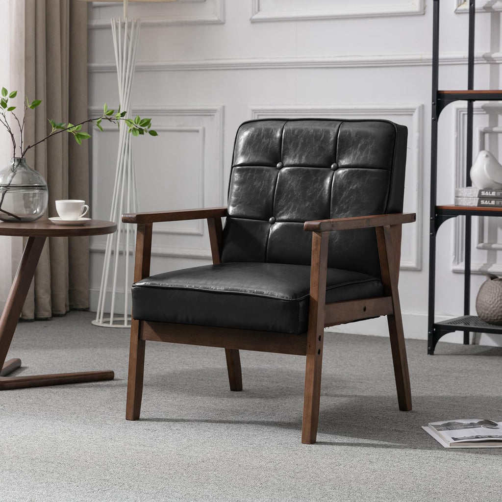Mid Century Modern Accent Chair, Retro Wood and Leather Armchairs Side Chair, Lounge Reading Comfy Arm Chair for Living Room, Bedroom, Office (Black)